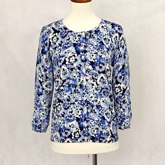 Talbots Sweaters - Talbots Blue Floral Cotton Blend Charming Cardigan
